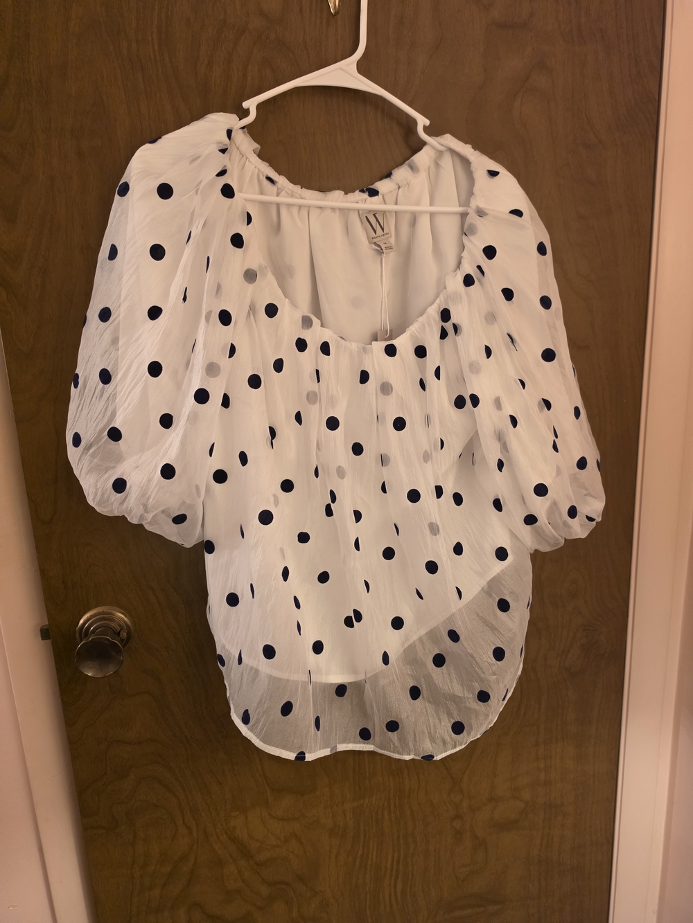 Worthington White Blouse with Black Velvet Polka Dots and Puff Sleeves Size M